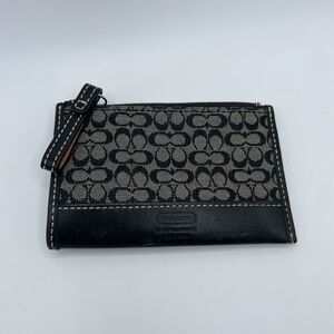 Coach Black Gray Signature Jacquard Card ID Holder Key Chain Leather Trim 3x4.5"